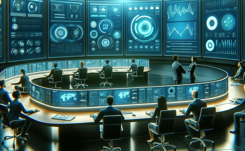 A digital illustration of a modern, high-tech command center. The scene includes several professionals