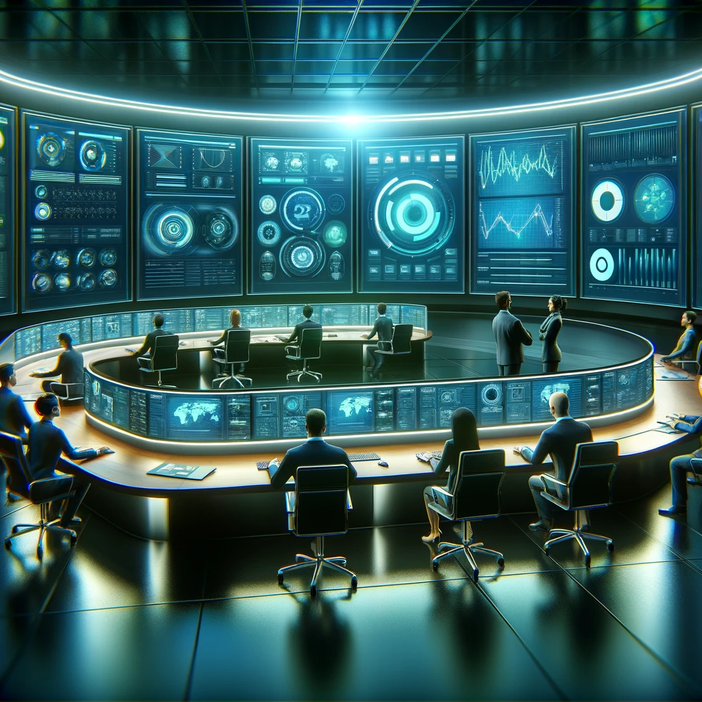 A digital illustration of a modern, high-tech command center. The scene includes several professionals