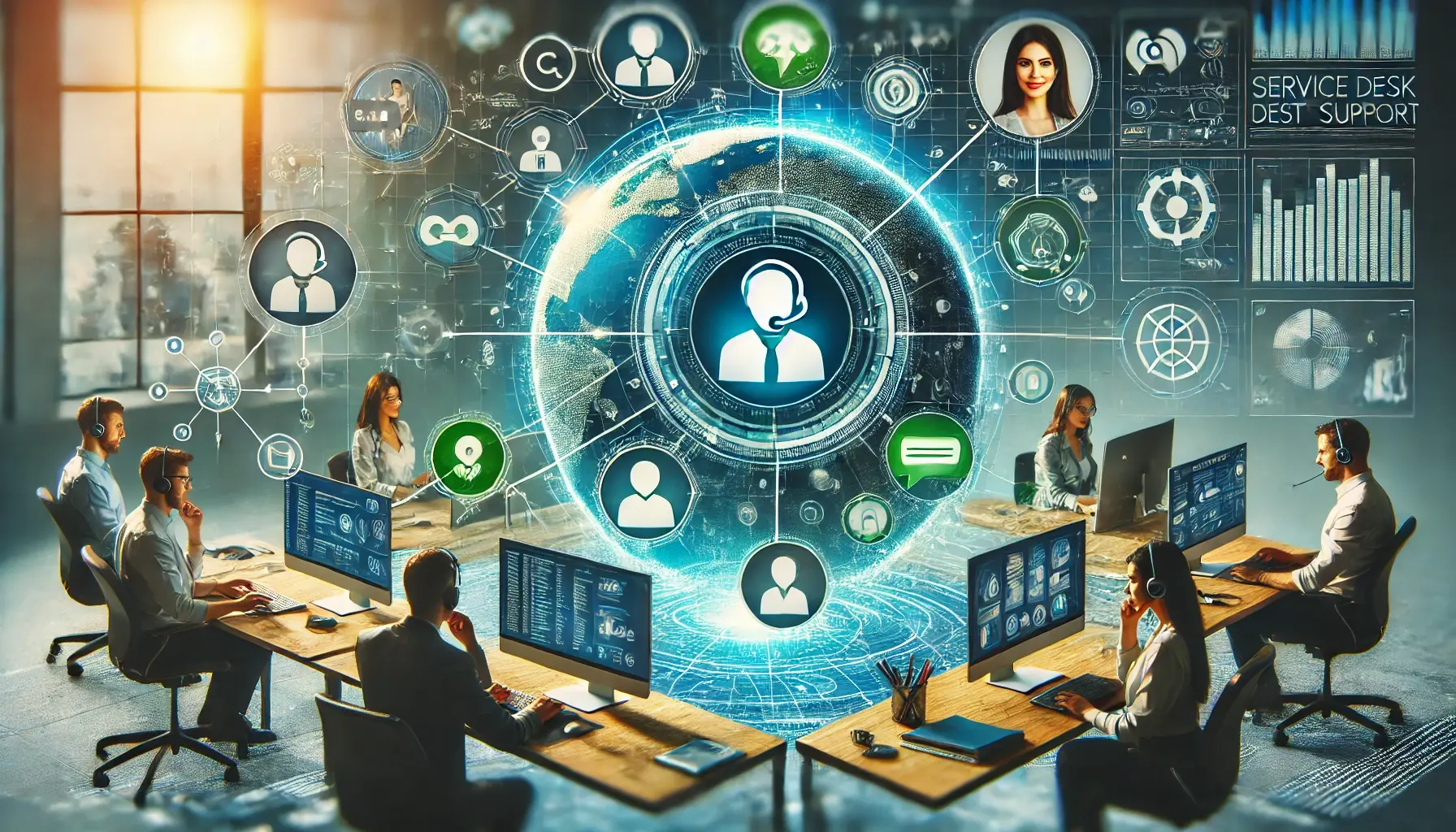 A modern digital image representing remote IT service desk support with a diverse team of IT professionals working remotely, connected through digital communication tools like computers, smartphones, and tablets, with green and blue accents.