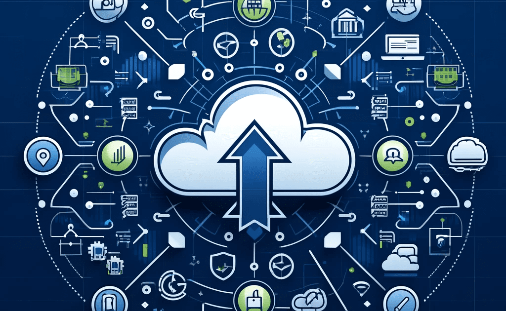 Digital image featuring a cloud icon surrounded by interconnected technology icons, emphasizing cloud migration benefits.