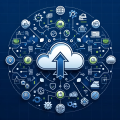 Digital image featuring a cloud icon surrounded by interconnected technology icons, emphasizing cloud migration benefits.