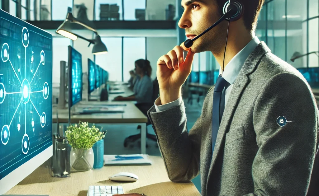 Professional help desk agent talking to a client