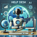 Modern help desk outsourcing image with headphones, robot for AI, and computer in blue and green.