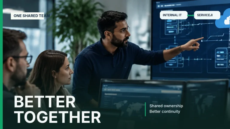 Internal IT and external support professionals collaborating on shared technical operations